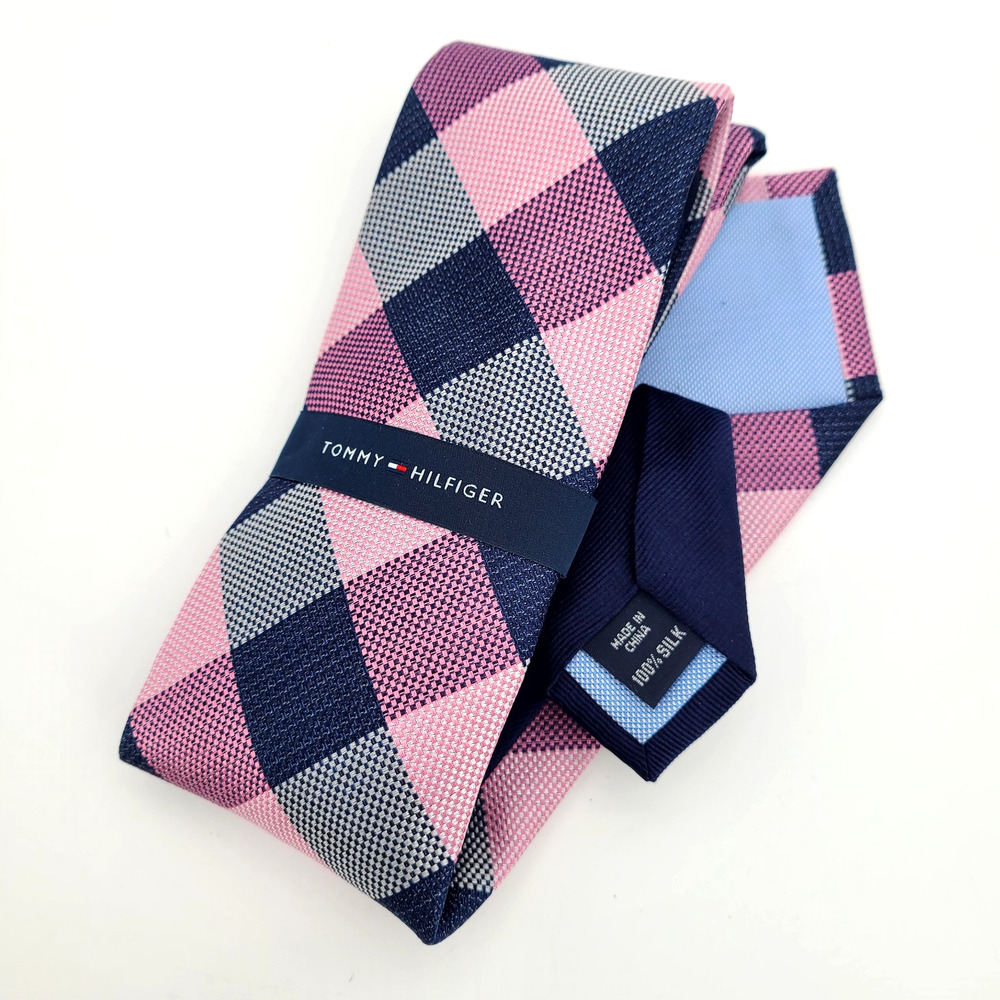 Tommy Hilfiger Mens 100% Silk Tie Pink Blue Hermosa Plaid Preppy Necktie NWT
